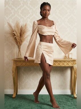 Satin Two-Piece Mini Skirt Set - Champagne